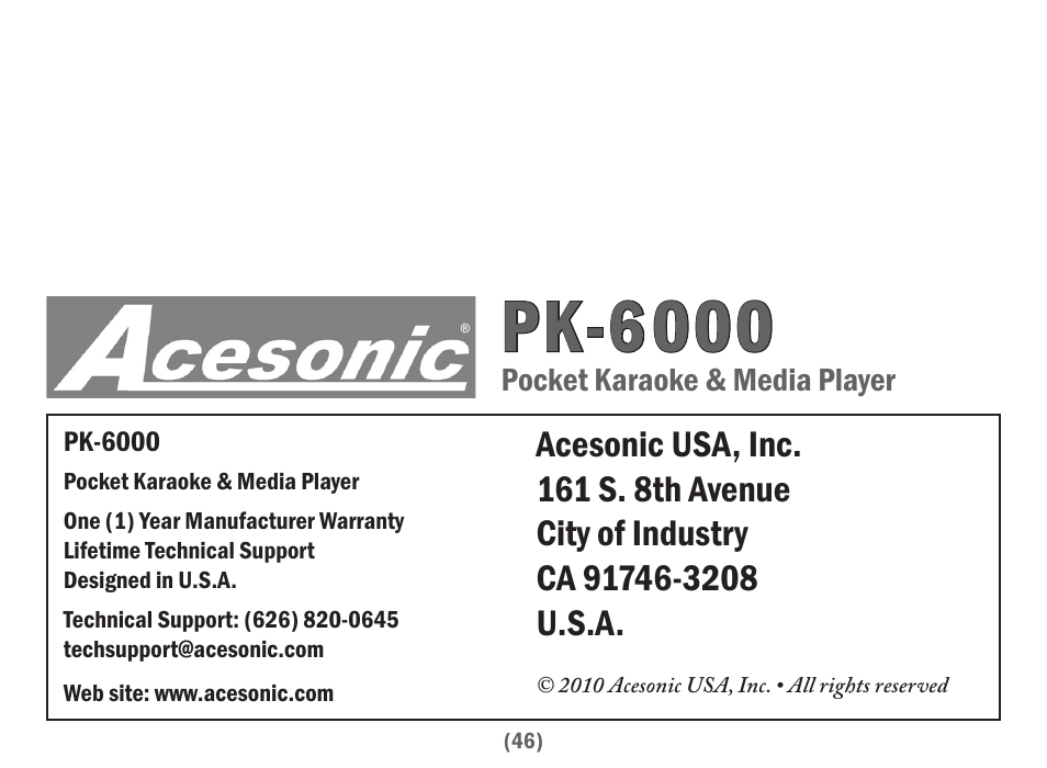 Pk-6000 | Acesonic PK-6000 User Manual | Page 46 / 46