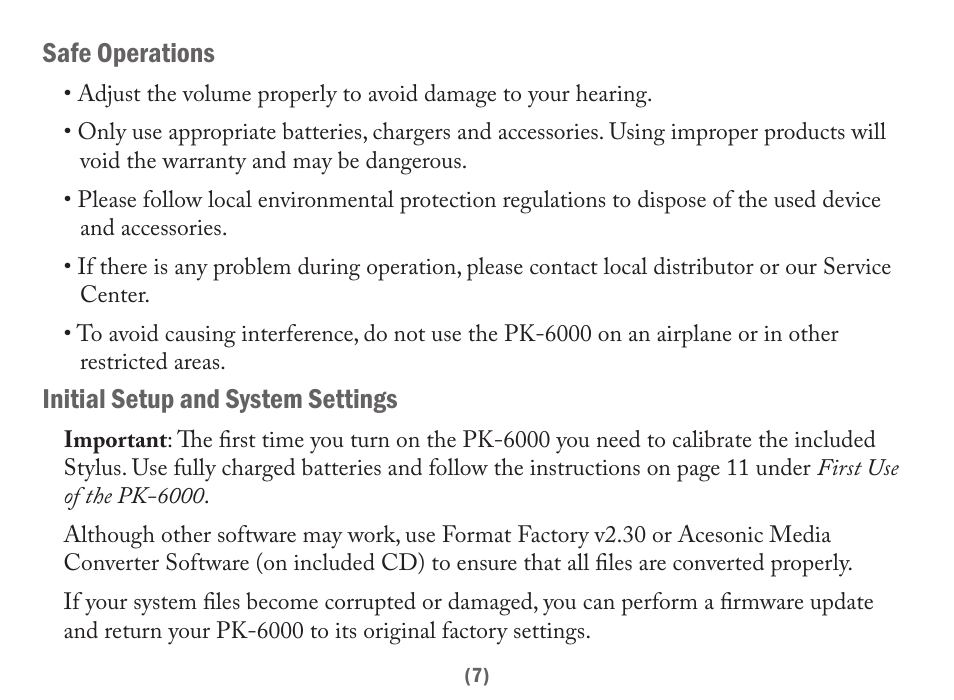 Safe operations, Initial setup and system settings | Acesonic PK-6000 User Manual | Page 7 / 46