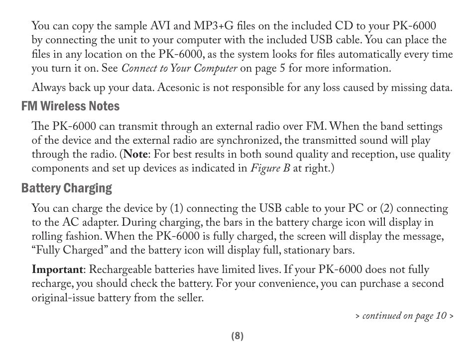 Battery charging | Acesonic PK-6000 User Manual | Page 8 / 46
