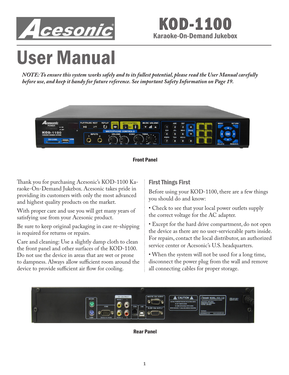 Acesonic KARAOKE-ON-DEMAND KOD-1100 User Manual | 23 pages