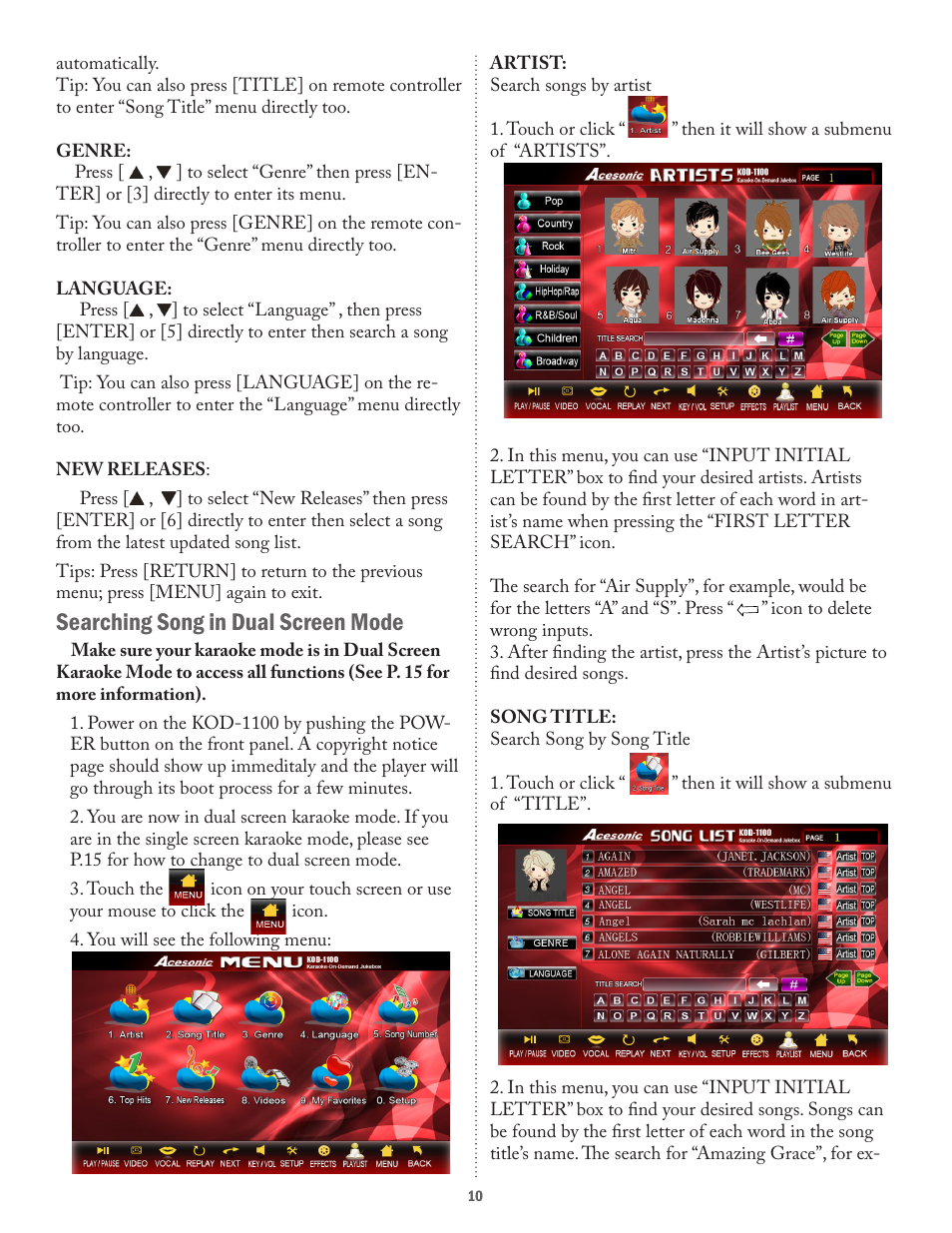 Searching song in dual screen mode | Acesonic KARAOKE-ON-DEMAND KOD-1100 User Manual | Page 10 / 23