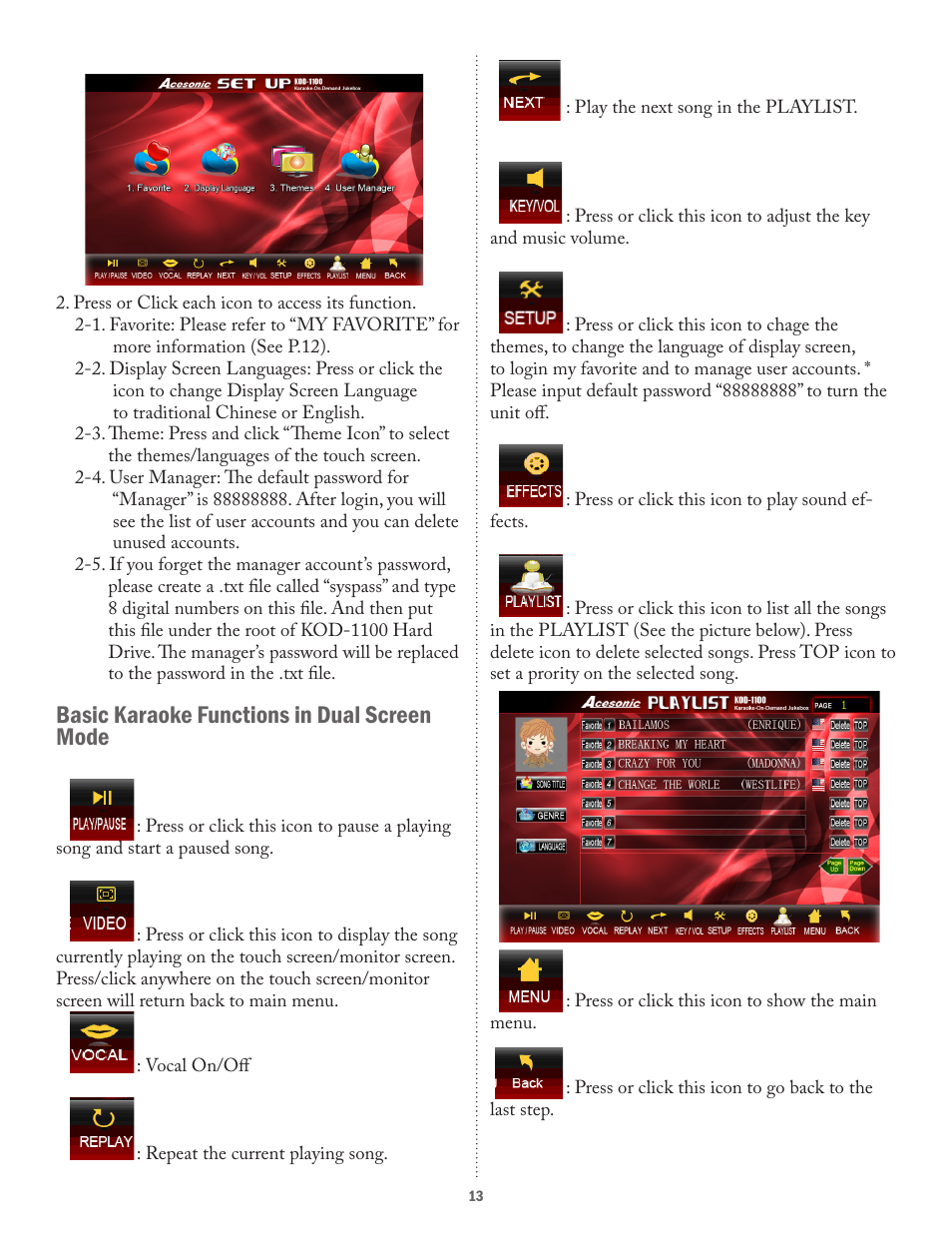 Basic karaoke functions in dual screen mode | Acesonic KARAOKE-ON-DEMAND KOD-1100 User Manual | Page 13 / 23