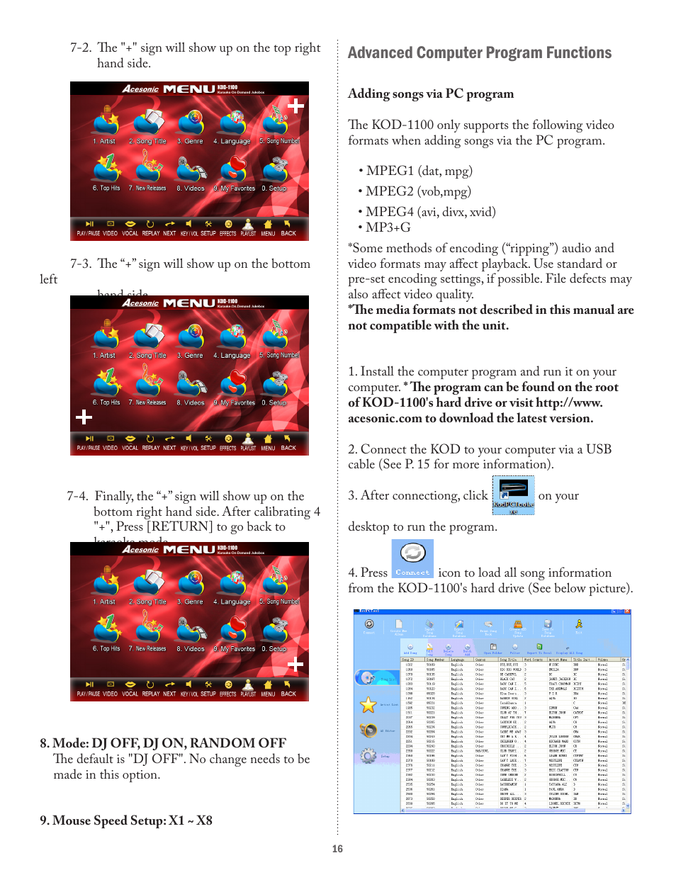 Advanced computer program functions | Acesonic KARAOKE-ON-DEMAND KOD-1100 User Manual | Page 16 / 23