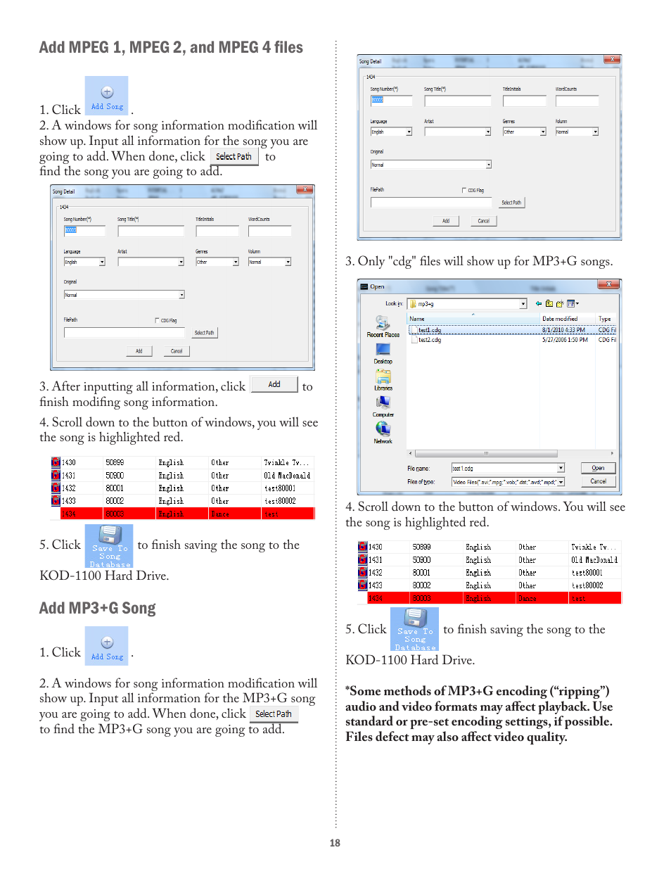 Add mpeg 1, mpeg 2, and mpeg 4 files, Add mp3+g song | Acesonic KARAOKE-ON-DEMAND KOD-1100 User Manual | Page 18 / 23