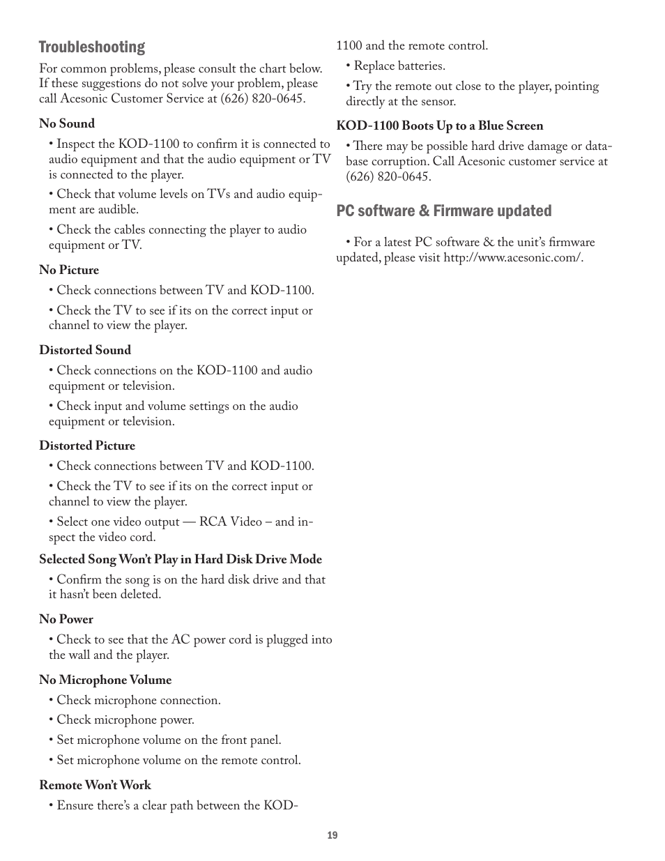 Troubleshooting, Pc software & firmware updated | Acesonic KARAOKE-ON-DEMAND KOD-1100 User Manual | Page 19 / 23
