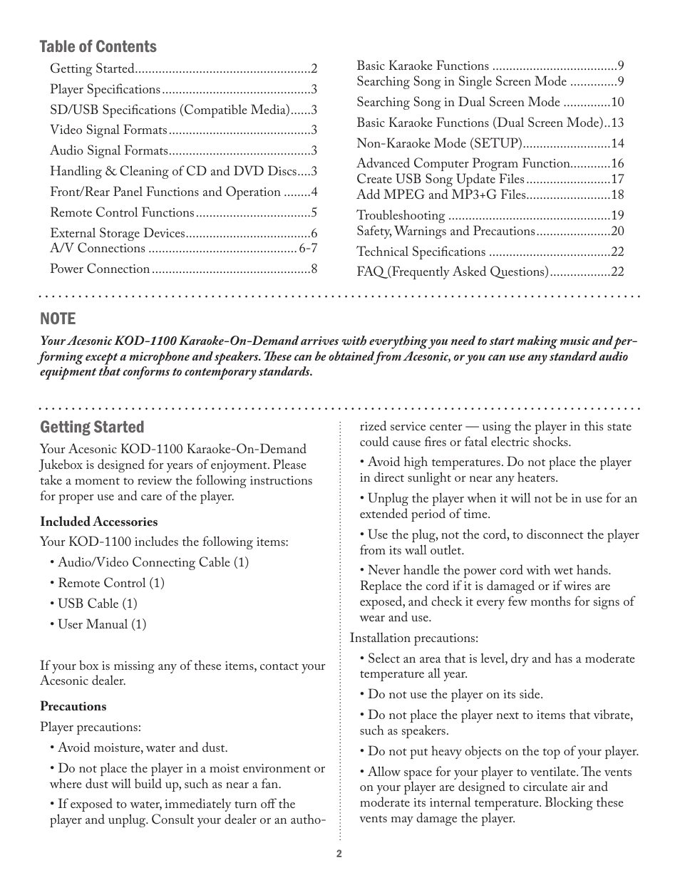 Acesonic KARAOKE-ON-DEMAND KOD-1100 User Manual | Page 2 / 23