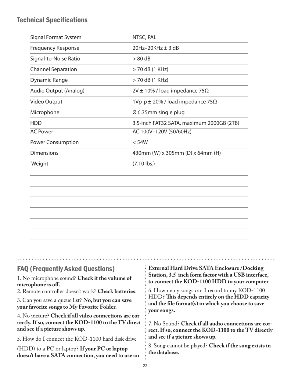 Faq (frequently asked questions), Technical specifications | Acesonic KARAOKE-ON-DEMAND KOD-1100 User Manual | Page 22 / 23