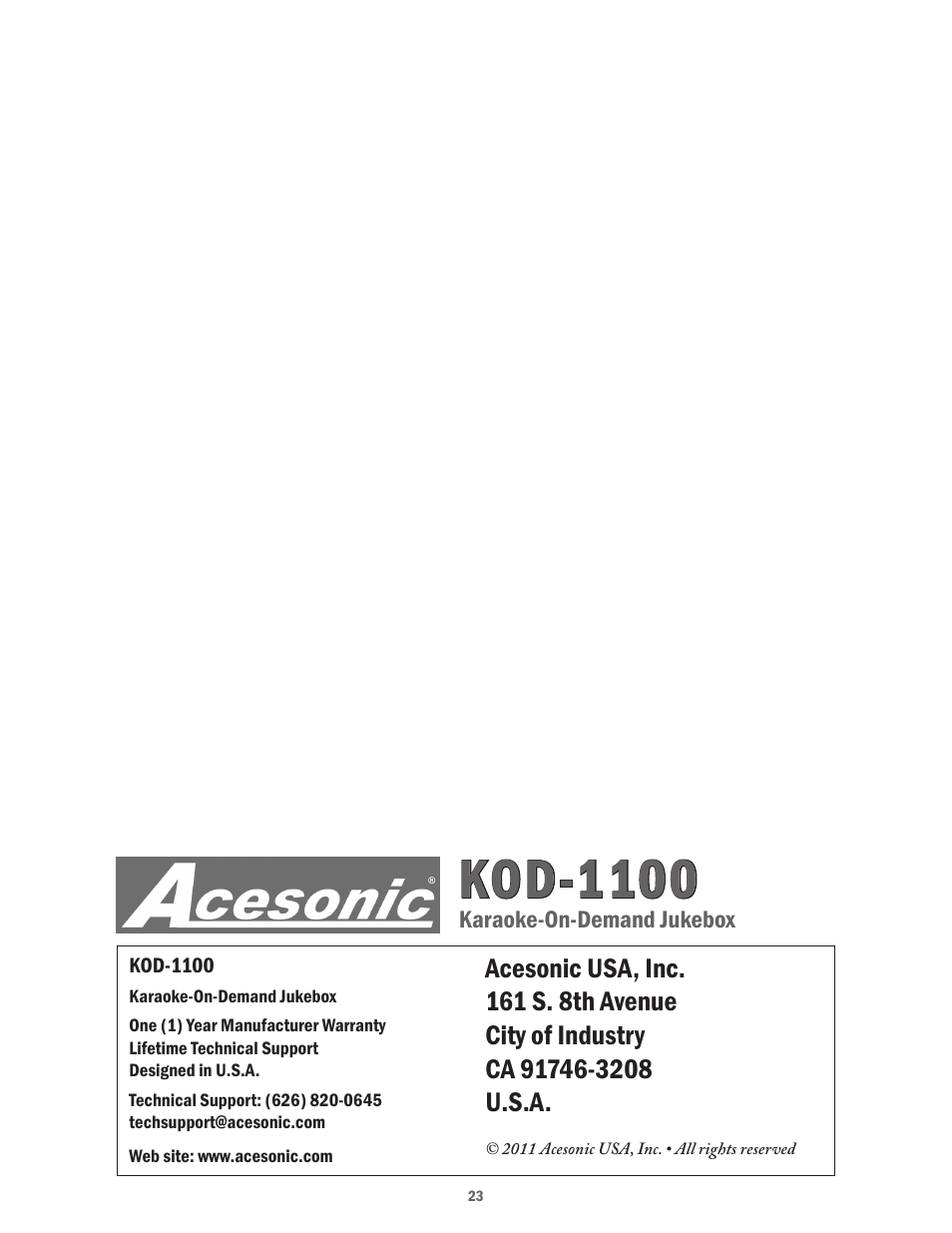 Kod-1100 | Acesonic KARAOKE-ON-DEMAND KOD-1100 User Manual | Page 23 / 23