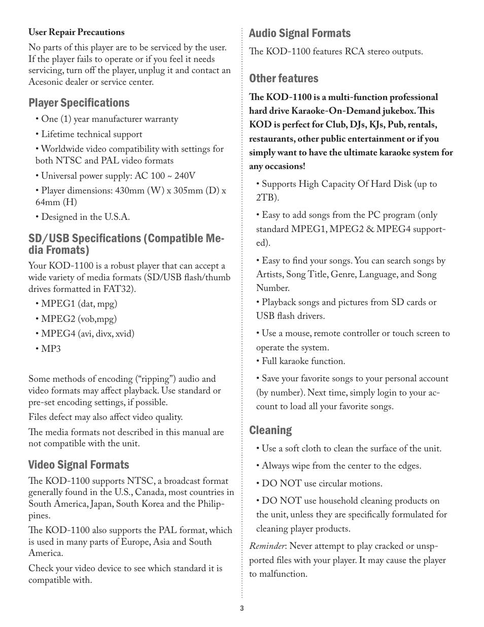 Player specifications, Sd/usb specifications (compatible me- dia fromats), Video signal formats | Audio signal formats, Other features, Cleaning | Acesonic KARAOKE-ON-DEMAND KOD-1100 User Manual | Page 3 / 23