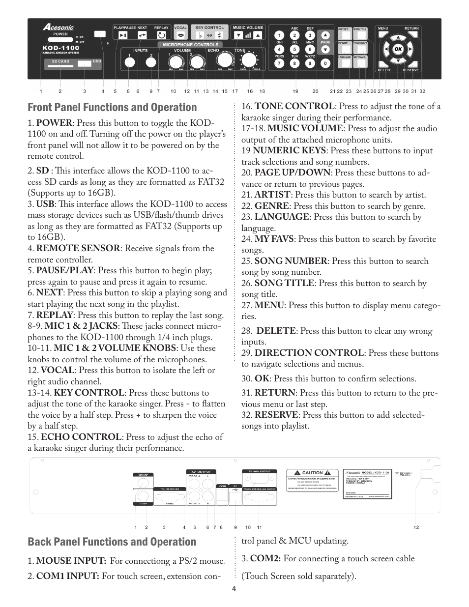 Front panel functions and operation, Back panel functions and operation | Acesonic KARAOKE-ON-DEMAND KOD-1100 User Manual | Page 4 / 23