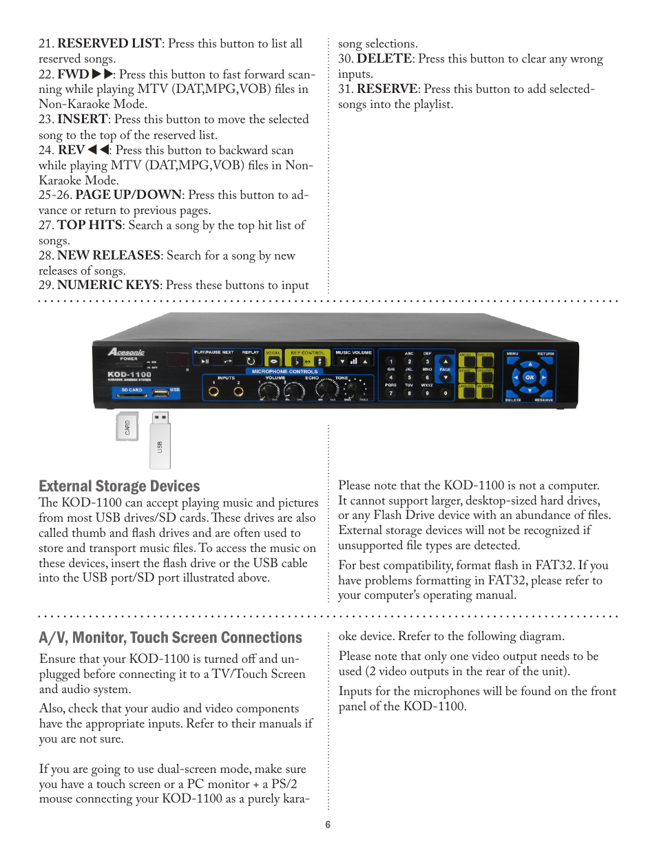 External storage devices, A/v, monitor, touch screen connections | Acesonic KARAOKE-ON-DEMAND KOD-1100 User Manual | Page 6 / 23