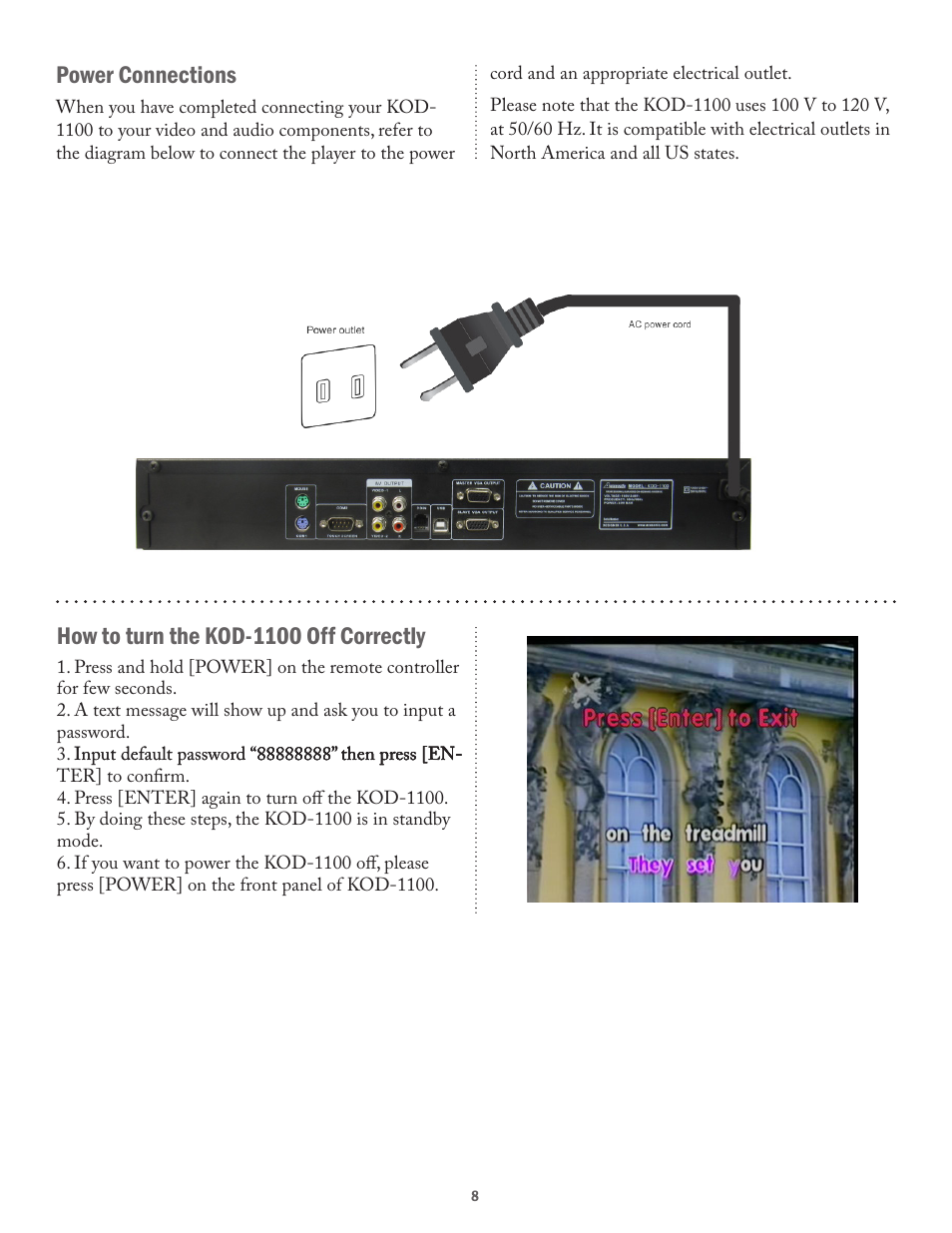 Power connections, How to turn the kod-1100 off correctly | Acesonic KARAOKE-ON-DEMAND KOD-1100 User Manual | Page 8 / 23