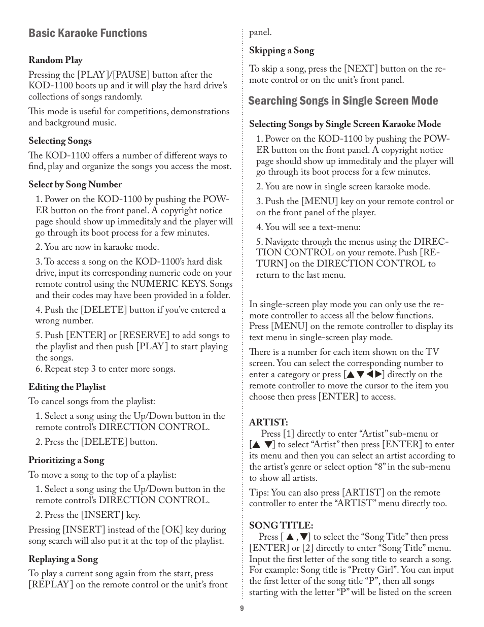 Basic karaoke functions, Searching songs in single screen mode | Acesonic KARAOKE-ON-DEMAND KOD-1100 User Manual | Page 9 / 23