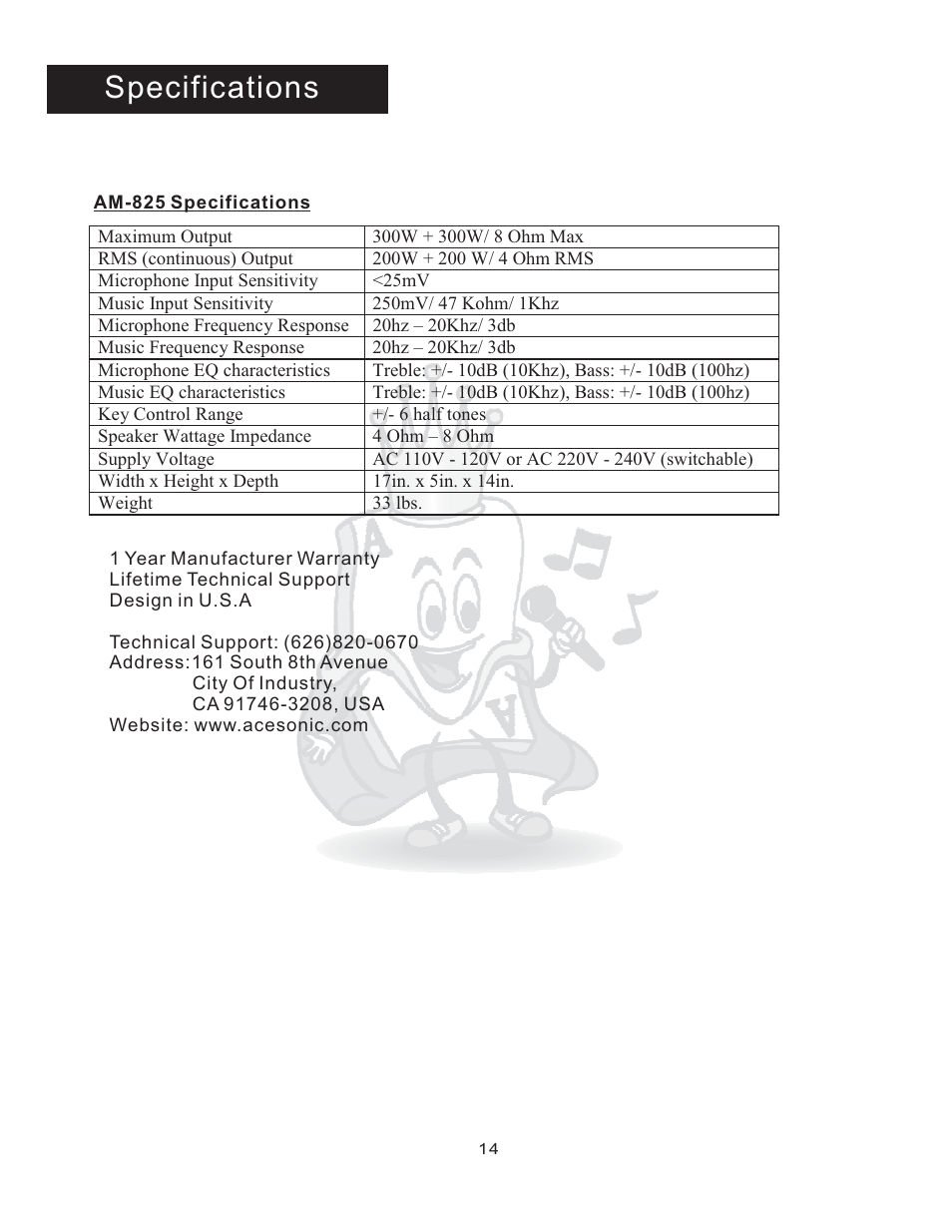 Specifications | Acesonic AM-825 User Manual | Page 14 / 16