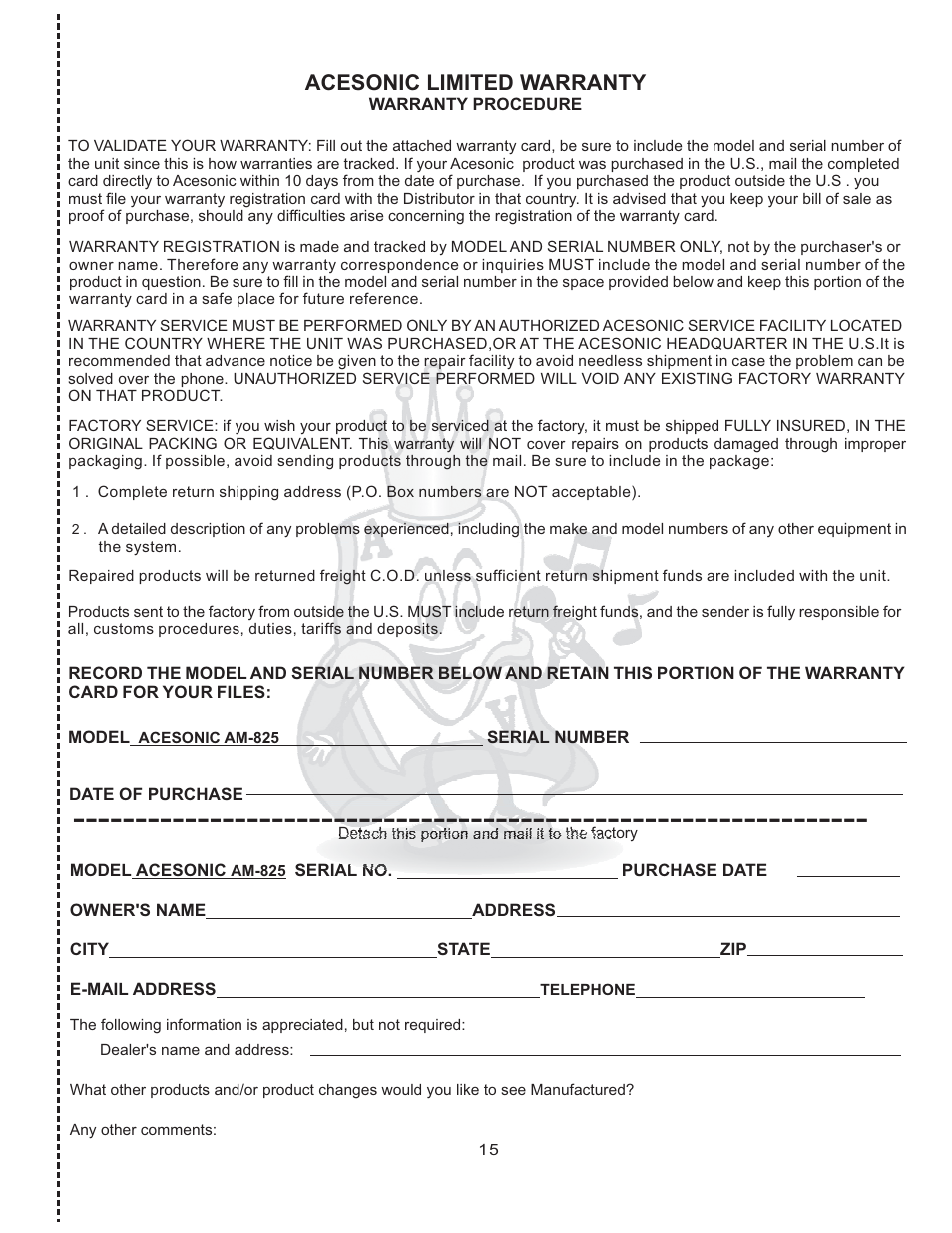 Acesonic limited warranty | Acesonic AM-825 User Manual | Page 15 / 16