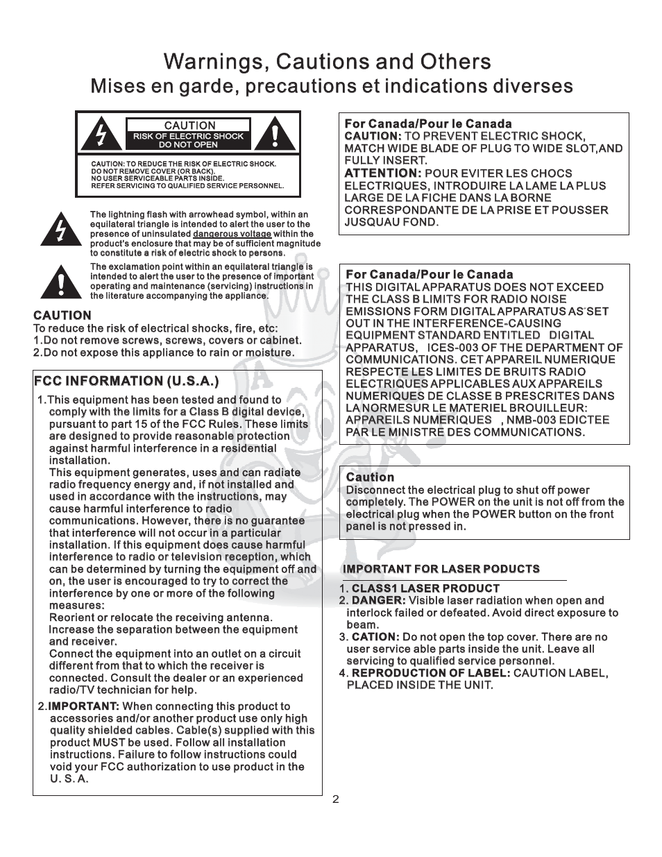 Warnings, cautions and others | Acesonic AM-825 User Manual | Page 2 / 16