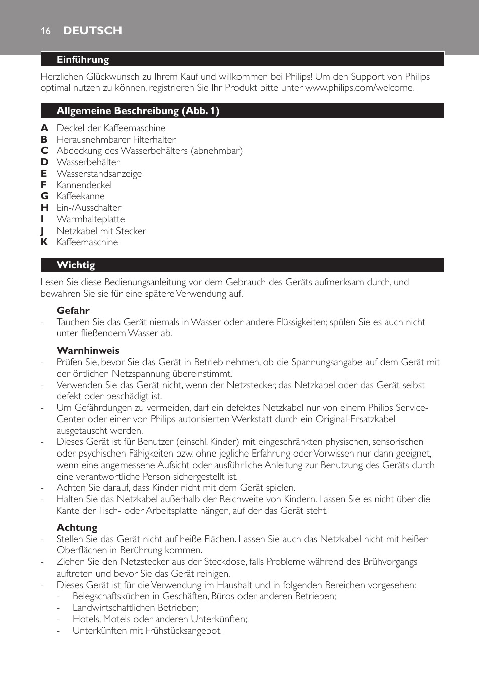 Gefahr, Warnhinweis, Achtung | Deutsch, Einführung, Allgemeine beschreibung (abb. 1), Wichtig | Philips Daily Collection Kaffeemaschine User Manual | Page 16 / 80