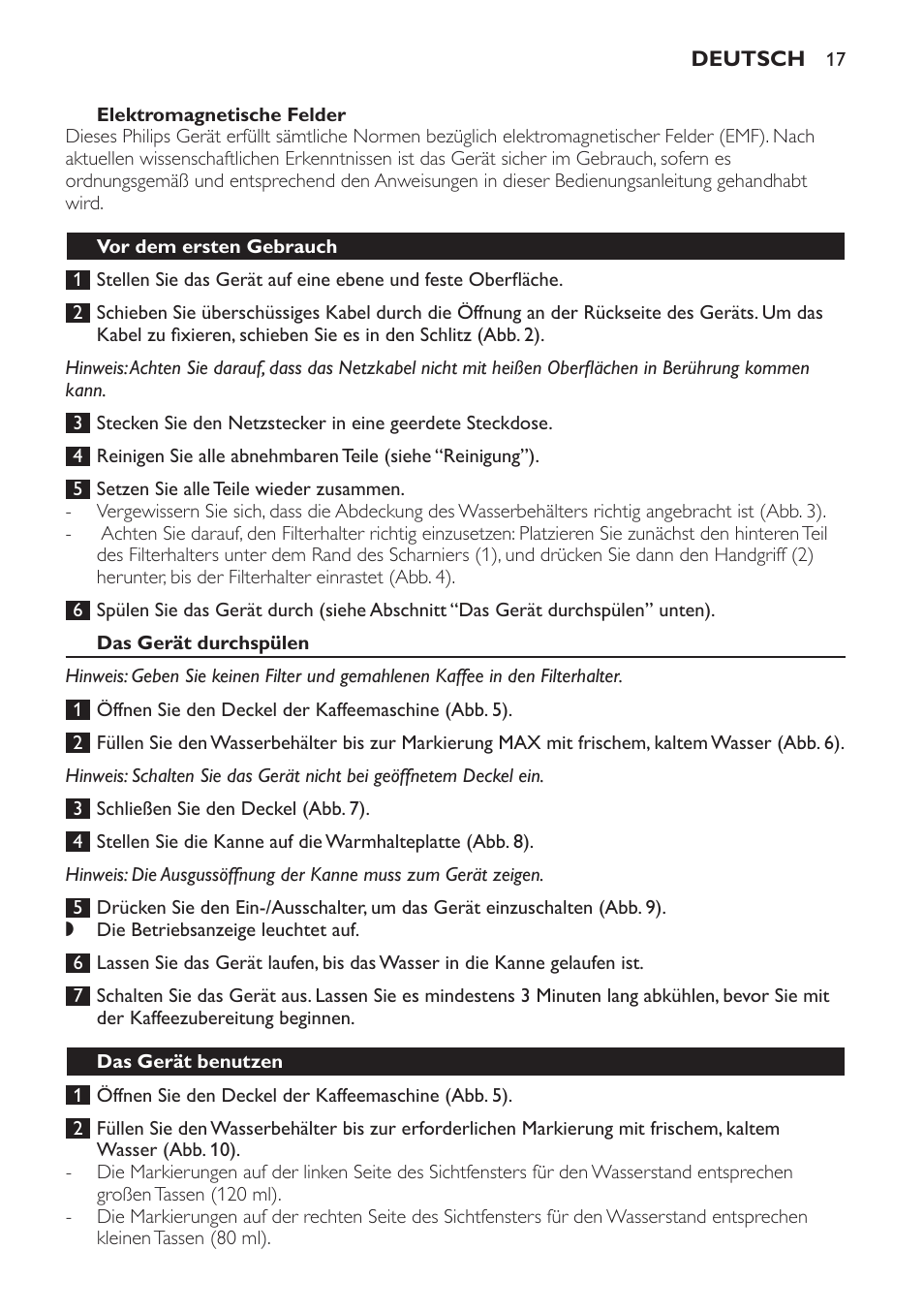 Elektromagnetische felder, Vor dem ersten gebrauch, Das gerät durchspülen | Das gerät benutzen | Philips Daily Collection Kaffeemaschine User Manual | Page 17 / 80