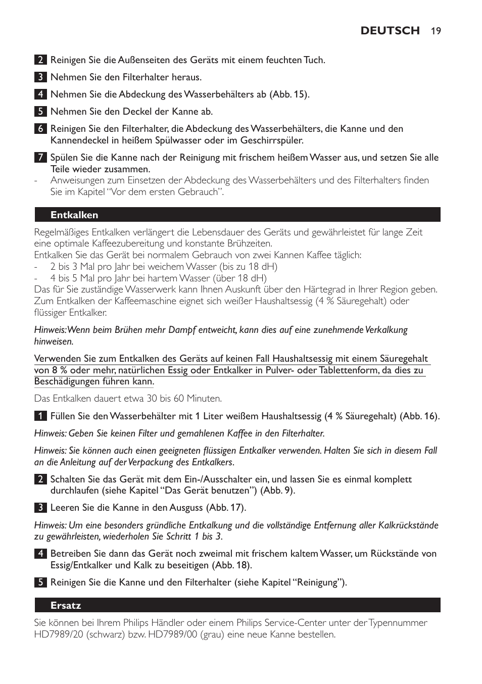 Entkalken, Ersatz | Philips Daily Collection Kaffeemaschine User Manual | Page 19 / 80