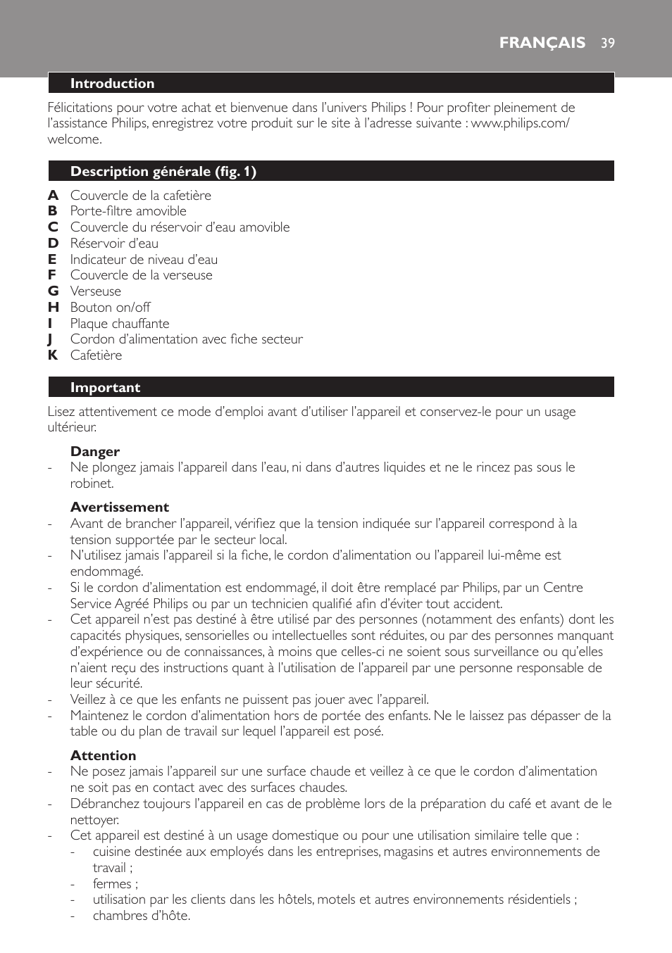 Danger, Avertissement, Attention | Français, Introduction, Description générale (fig. 1), Important | Philips Daily Collection Kaffeemaschine User Manual | Page 39 / 80