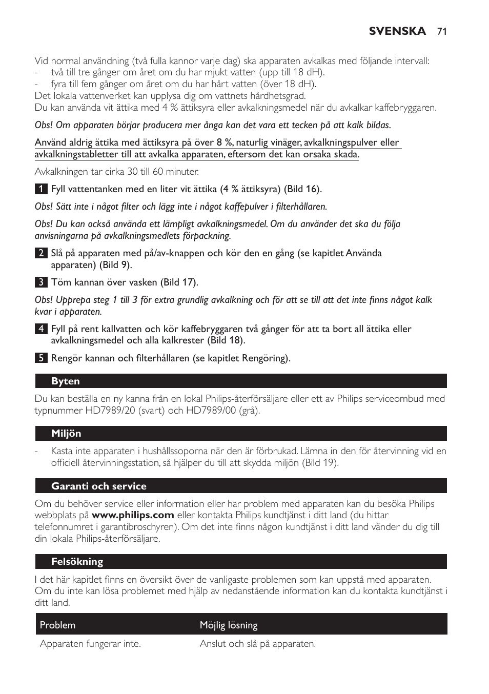 Byten, Miljön, Garanti och service | Felsökning | Philips Daily Collection Kaffeemaschine User Manual | Page 71 / 80