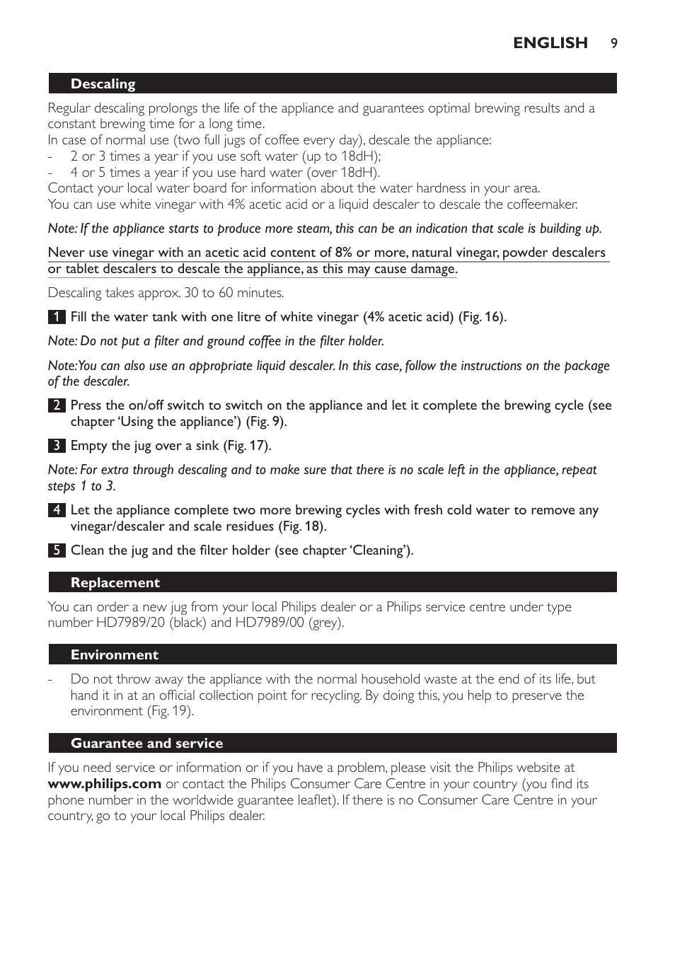 Descaling, Replacement, Environment | Guarantee and service, Troubleshooting | Philips Daily Collection Kaffeemaschine User Manual | Page 9 / 80