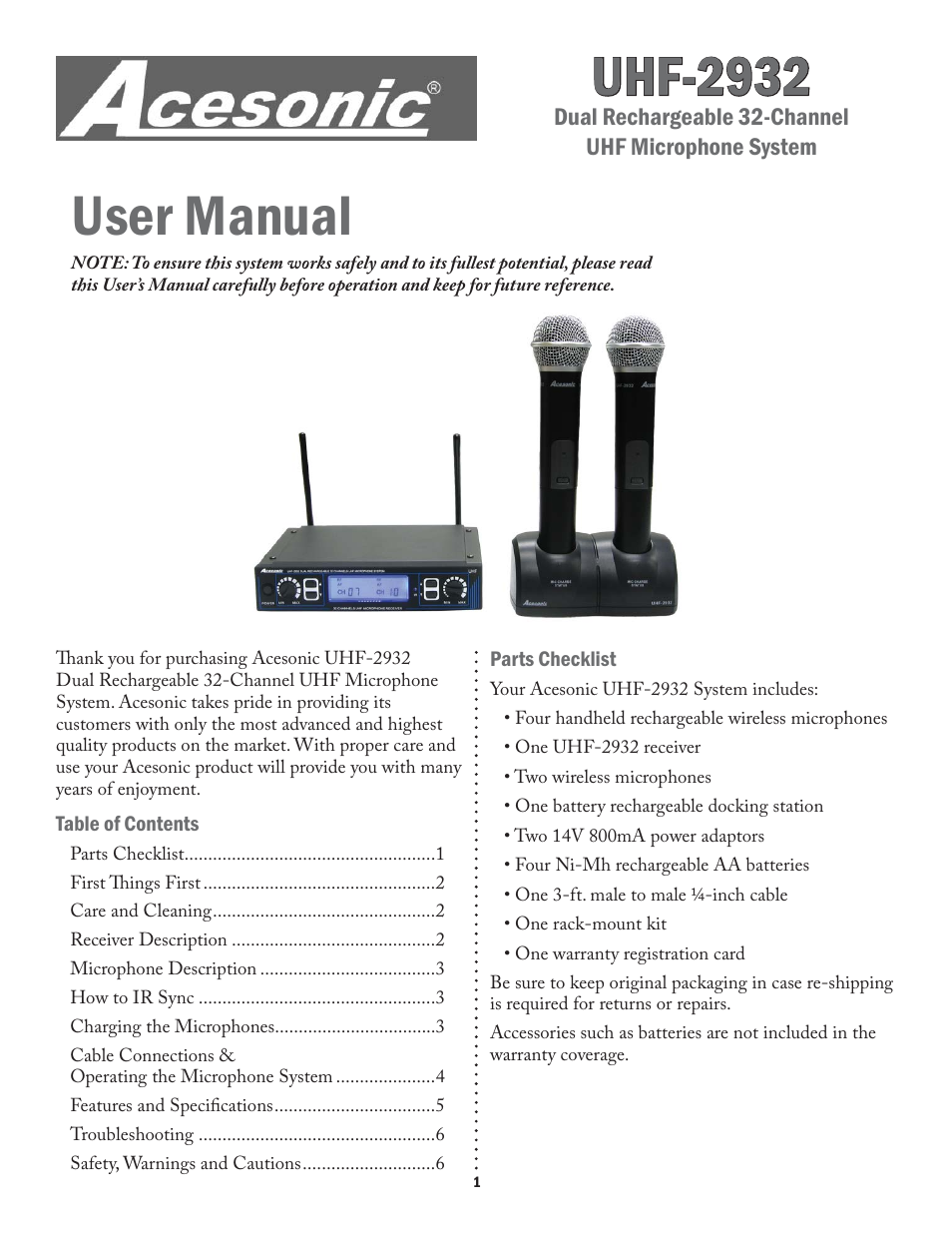 Acesonic UHF-2932 User Manual | 8 pages