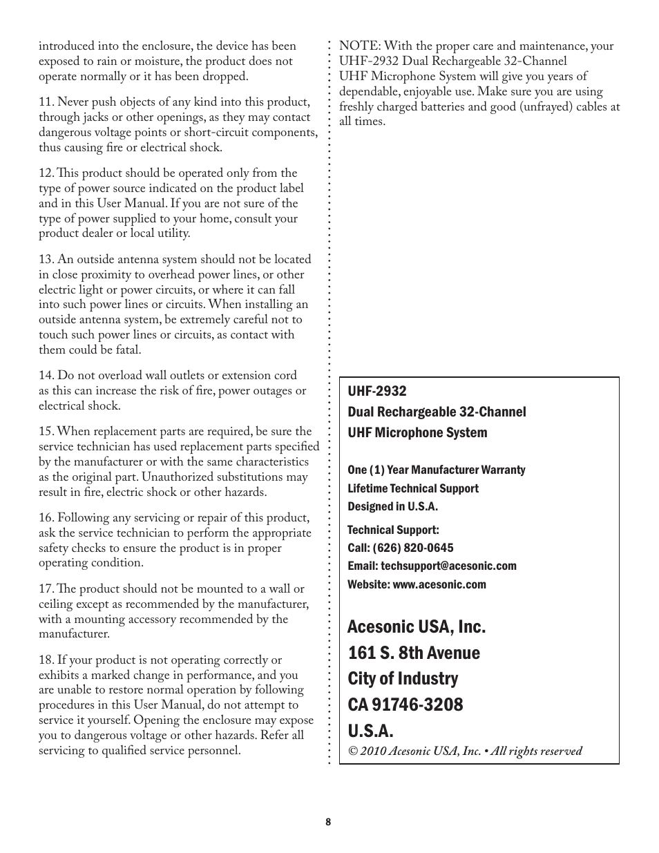 Acesonic UHF-2932 User Manual | Page 8 / 8