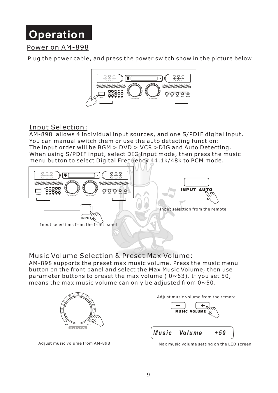 Operation, Power on am-898, Input selection | Music volume selection & preset max volume | Acesonic AM-898 User Manual | Page 12 / 22