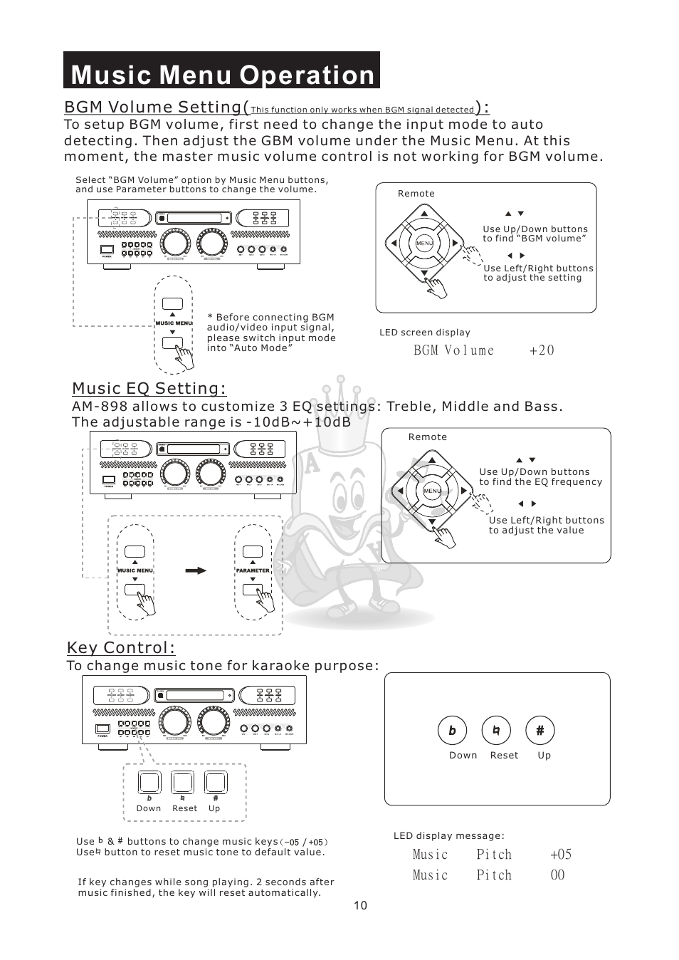 Music menu operation, Bgm volume setting, Music eq setting | Key control | Acesonic AM-898 User Manual | Page 13 / 22