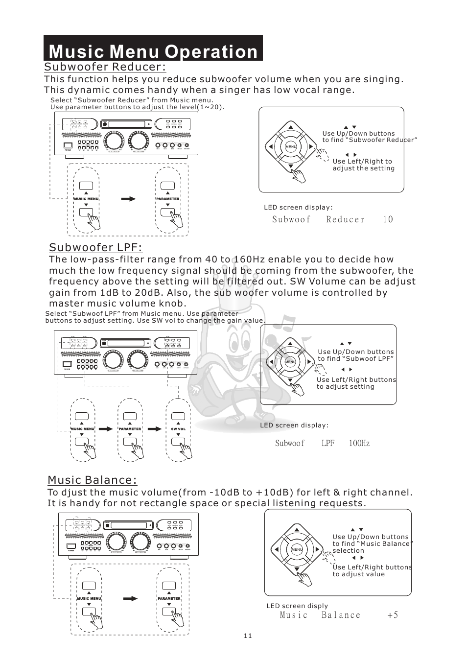 Music menu operation, Subwoofer reducer, Subwoofer lpf | Music balance | Acesonic AM-898 User Manual | Page 14 / 22