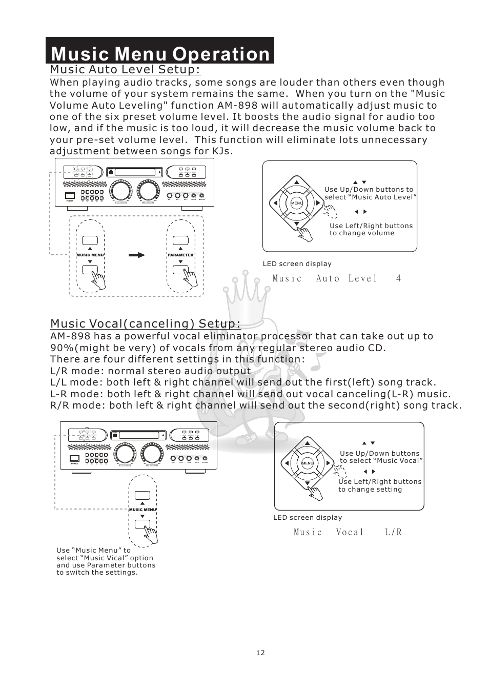 Music menu operation, Music auto level setup, Music vocal(canceling) setup | Acesonic AM-898 User Manual | Page 15 / 22