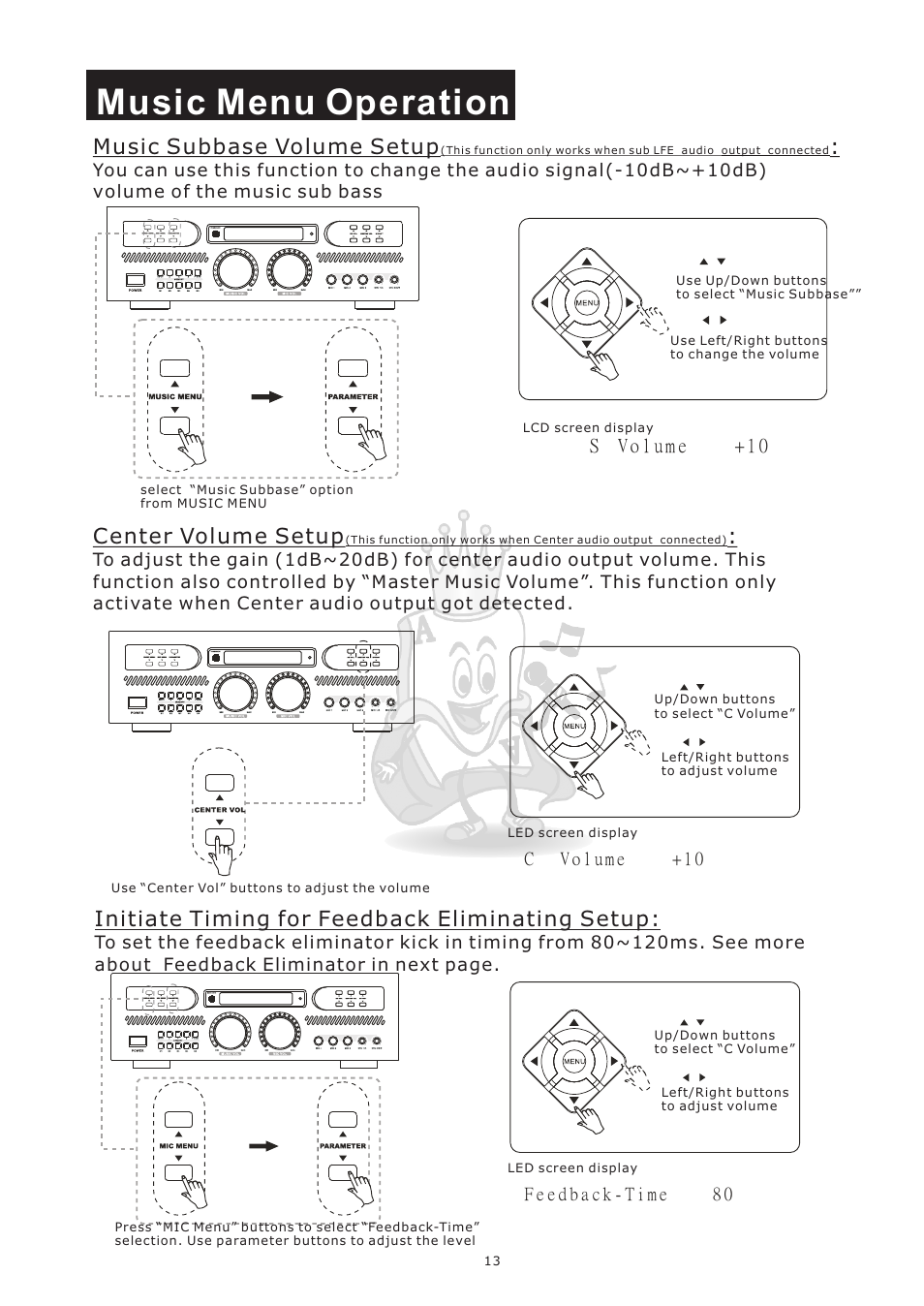 Music menu operation, Music subbase volume setup, Center volume setup | Initiate timing for feedback eliminating setup | Acesonic AM-898 User Manual | Page 16 / 22