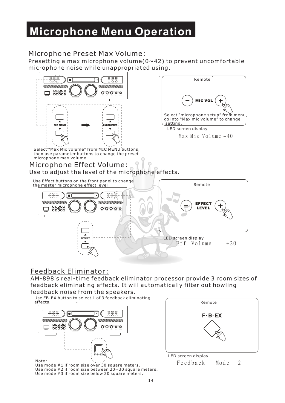 Microphone menu operation, Microphone preset max volume, Microphone effect volume | Feedback eliminator | Acesonic AM-898 User Manual | Page 17 / 22