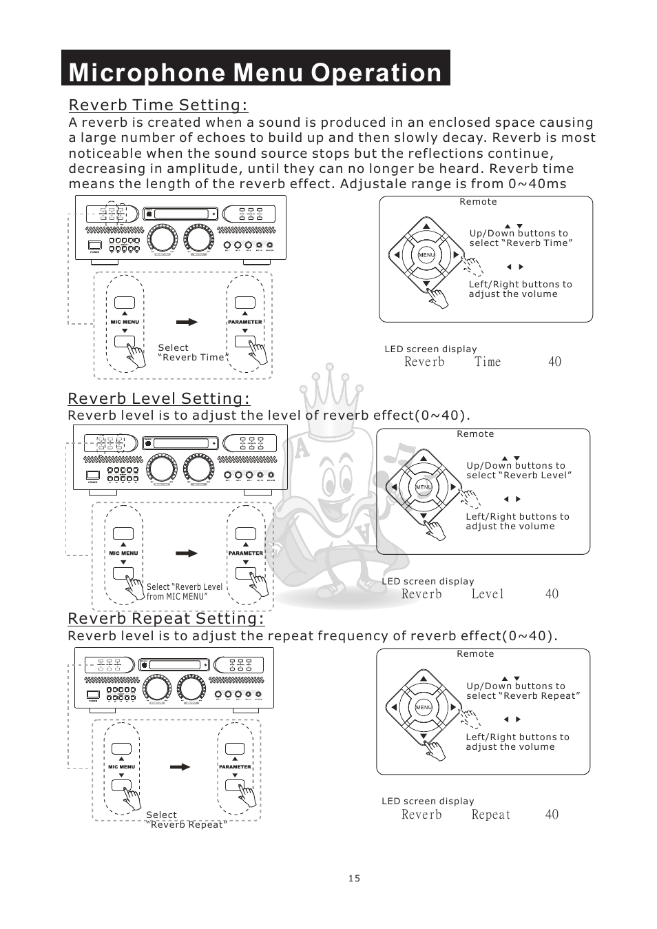 Microphone menu operation, Reverb time setting, Reverb level setting | Reverb repeat setting | Acesonic AM-898 User Manual | Page 18 / 22