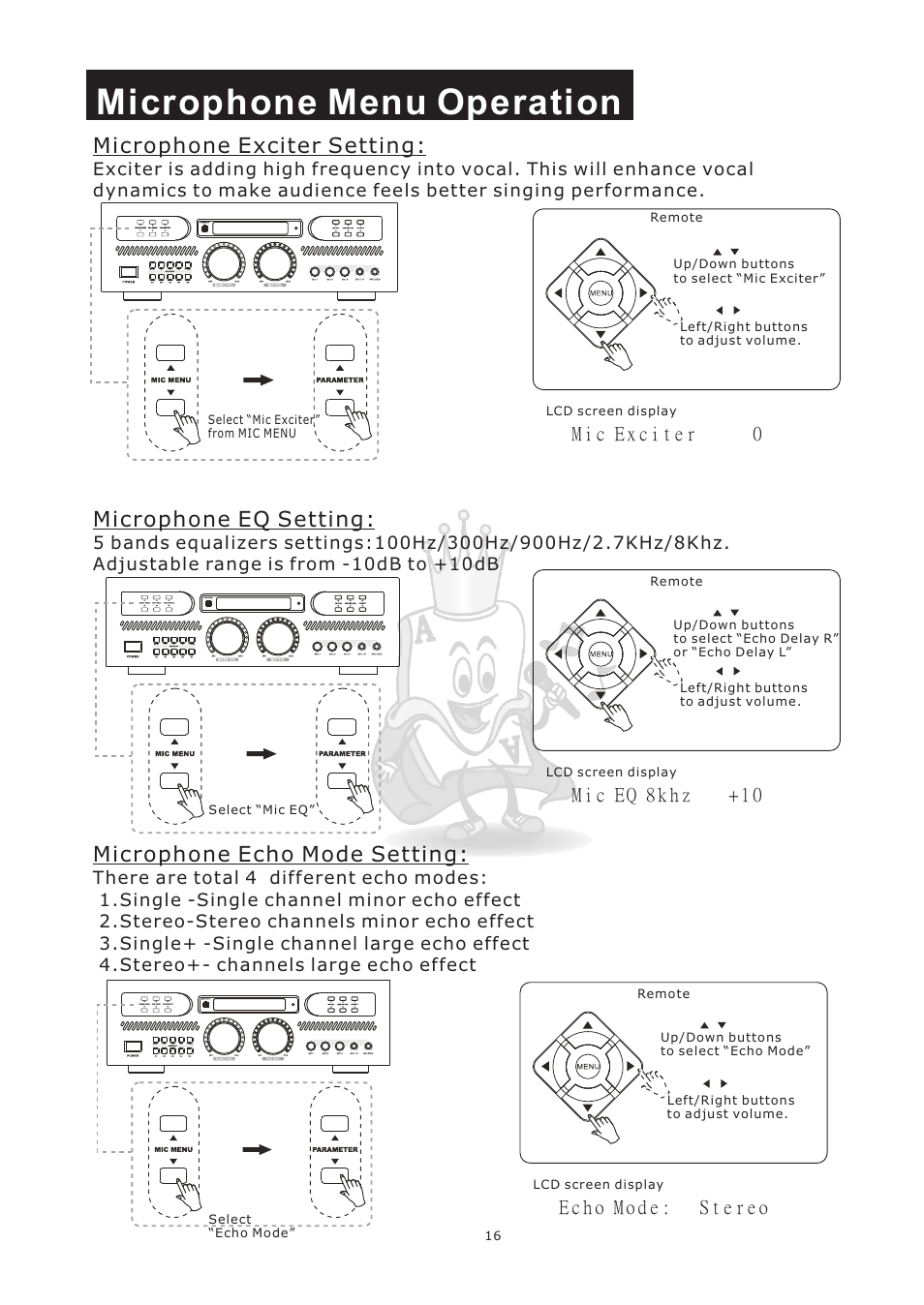 Microphone menu operation, Microphone exciter setting, Microphone eq setting | Microphone echo mode setting | Acesonic AM-898 User Manual | Page 19 / 22