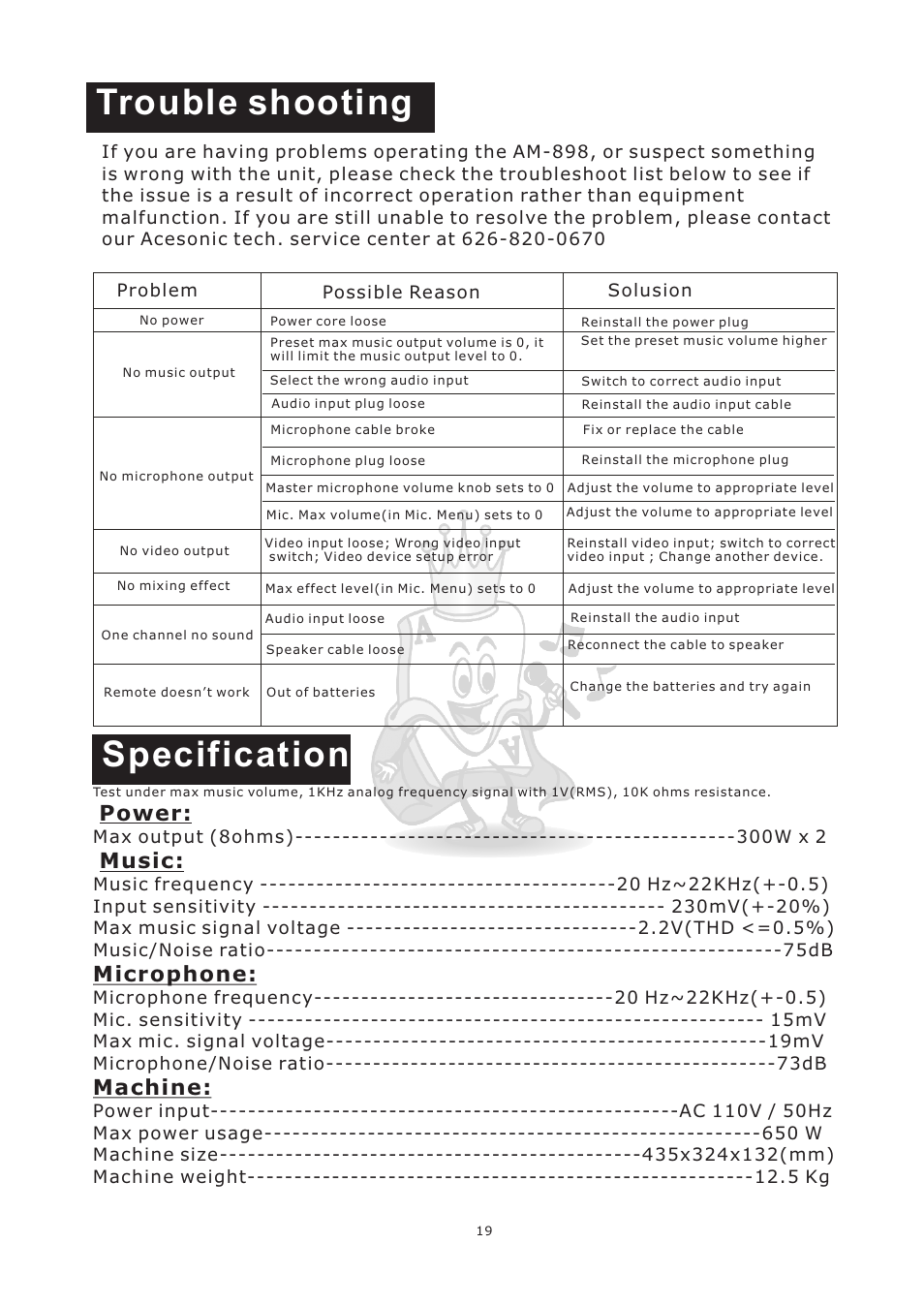 Trouble shooting, Specification, Music | Microphone, Machine, Power | Acesonic AM-898 User Manual | Page 22 / 22