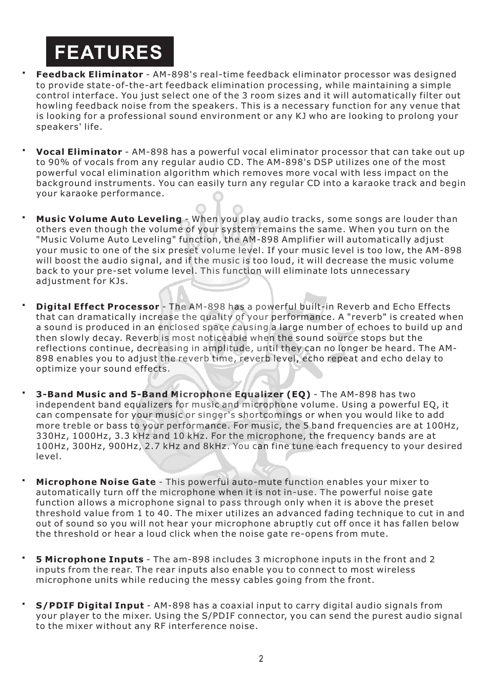 Features | Acesonic AM-898 User Manual | Page 5 / 22