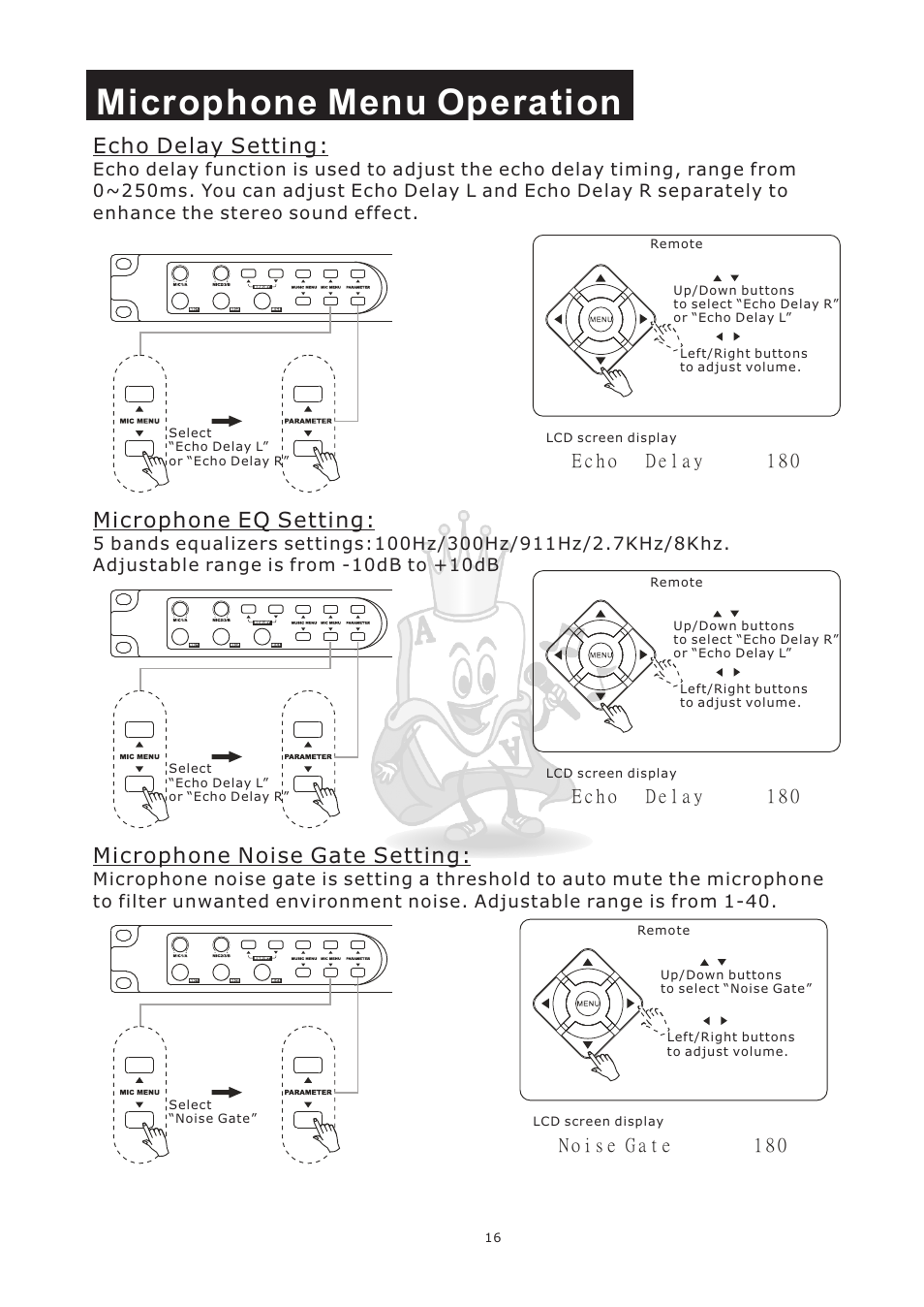 Microphone menu operation, Echo delay setting, Microphone eq setting | Microphone noise gate setting | Acesonic KM-360 User Manual | Page 19 / 22