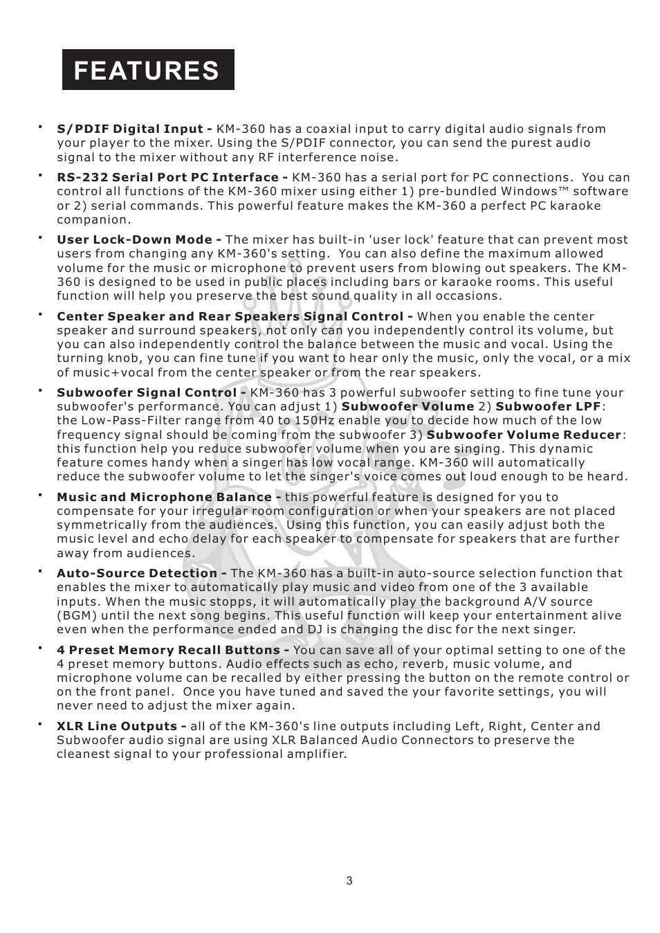 Features | Acesonic KM-360 User Manual | Page 6 / 22