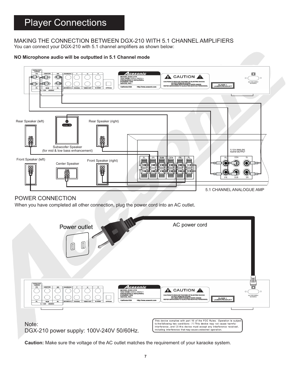 Player connections, Power connection | Acesonic MULTI-FUNCTION KARAOKE PLAYER DGX-210 User Manual | Page 10 / 22