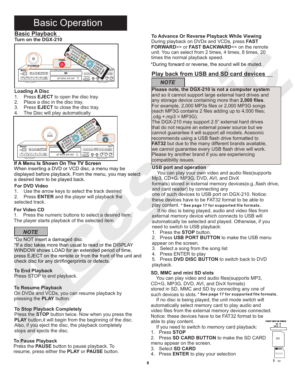 Bpb8, Basic operation, Basic playback | Play back from usb and sd card devices | Acesonic MULTI-FUNCTION KARAOKE PLAYER DGX-210 User Manual | Page 11 / 22