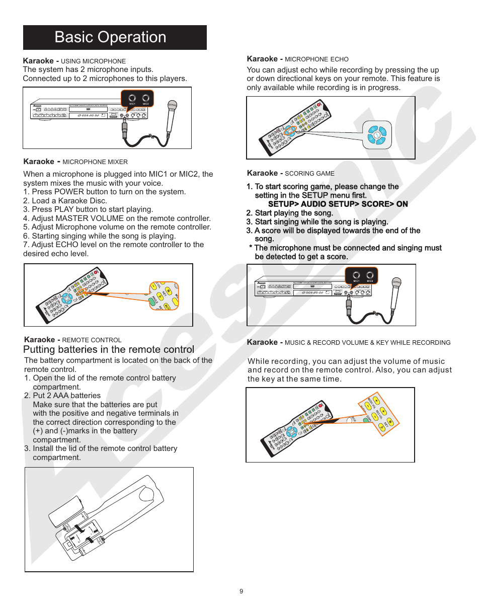 Basic operation | Acesonic MULTI-FUNCTION KARAOKE PLAYER DGX-210 User Manual | Page 12 / 22