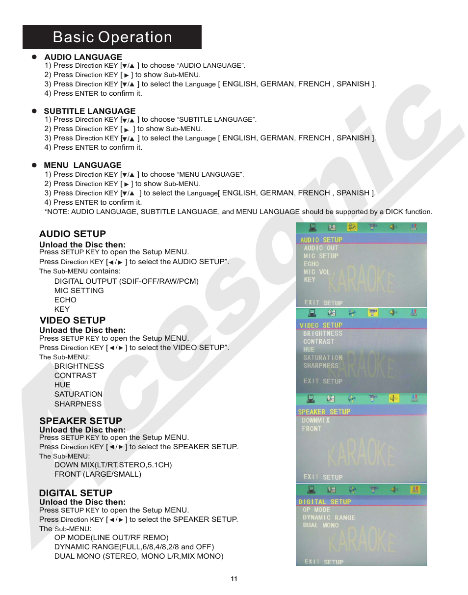 Basic operation, Audio setup, Video setup | Speaker setup, Digital setup | Acesonic MULTI-FUNCTION KARAOKE PLAYER DGX-210 User Manual | Page 14 / 22