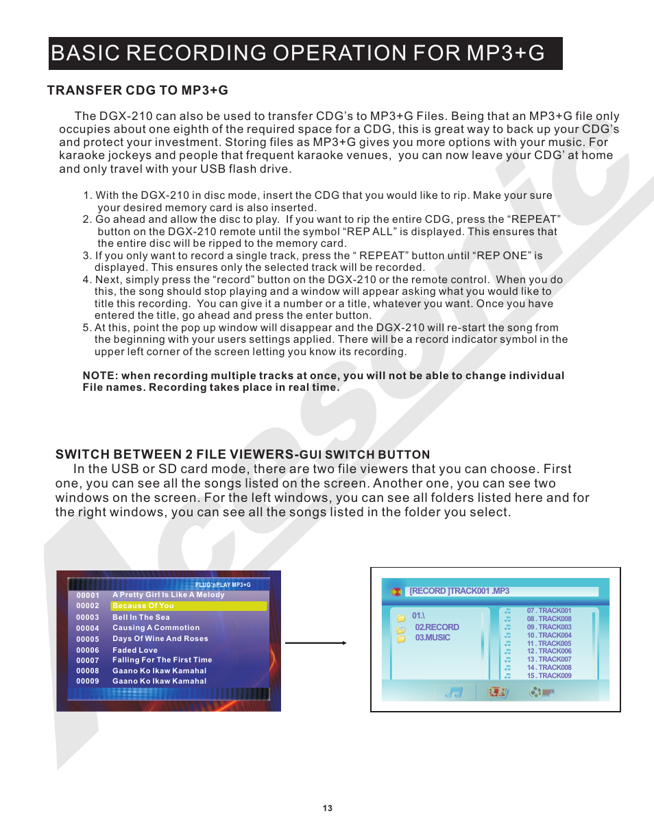 Basic recording operation for mp3+g, Transfer cdg to mp3+g, Switch between 2 file viewers | Gui switch button | Acesonic MULTI-FUNCTION KARAOKE PLAYER DGX-210 User Manual | Page 16 / 22