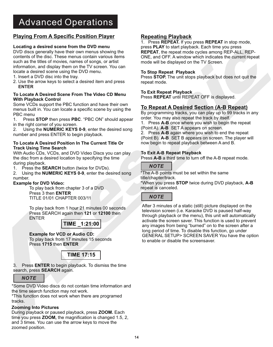 Aops9, Advanced operations | Acesonic MULTI-FUNCTION KARAOKE PLAYER DGX-210 User Manual | Page 17 / 22