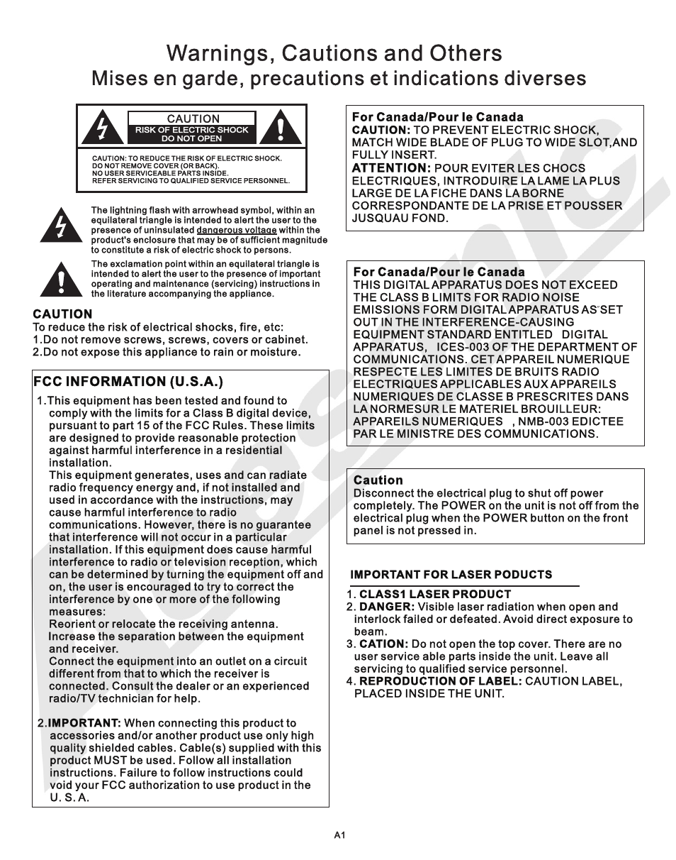 Warnings, cautions and others | Acesonic MULTI-FUNCTION KARAOKE PLAYER DGX-210 User Manual | Page 2 / 22