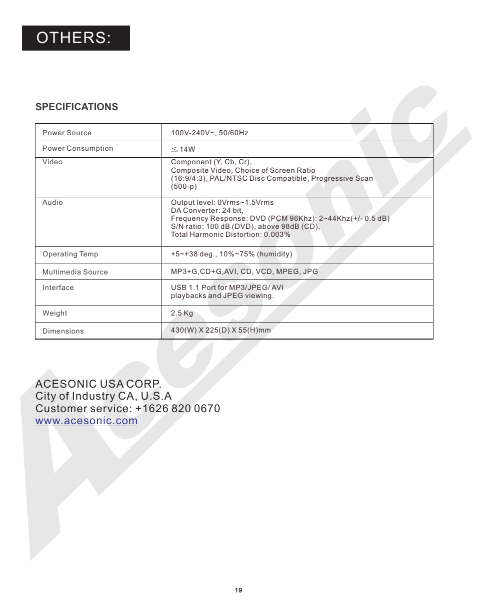 Others, Specifications | Acesonic MULTI-FUNCTION KARAOKE PLAYER DGX-210 User Manual | Page 22 / 22