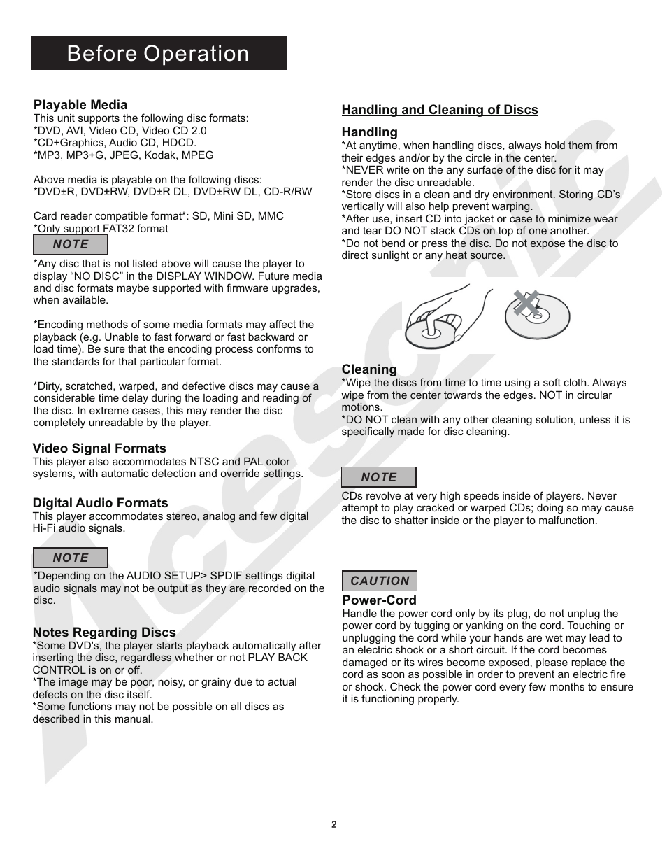 Before operation | Acesonic MULTI-FUNCTION KARAOKE PLAYER DGX-210 User Manual | Page 5 / 22