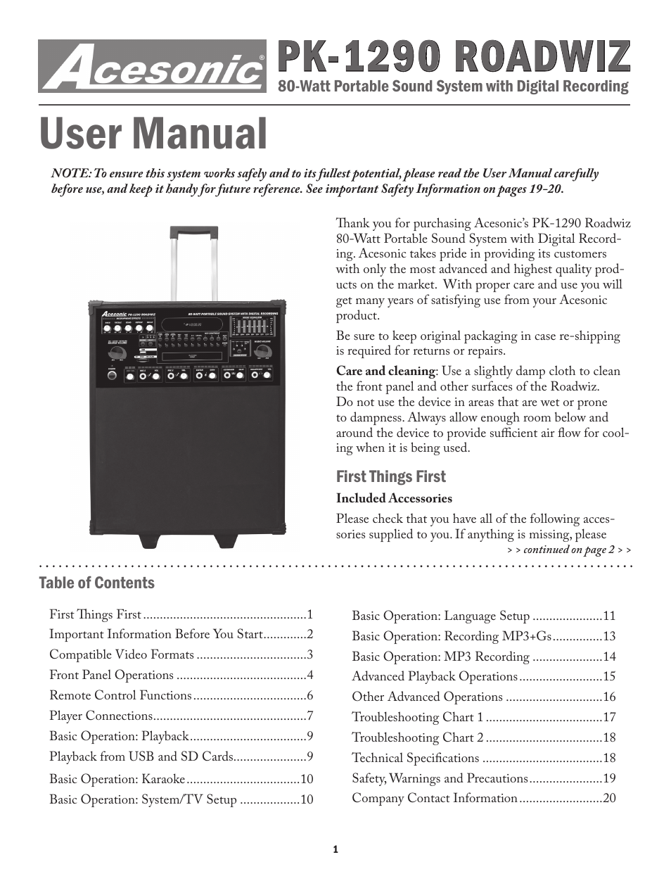 Acesonic ROADWIZ PK-1290 User Manual | 20 pages